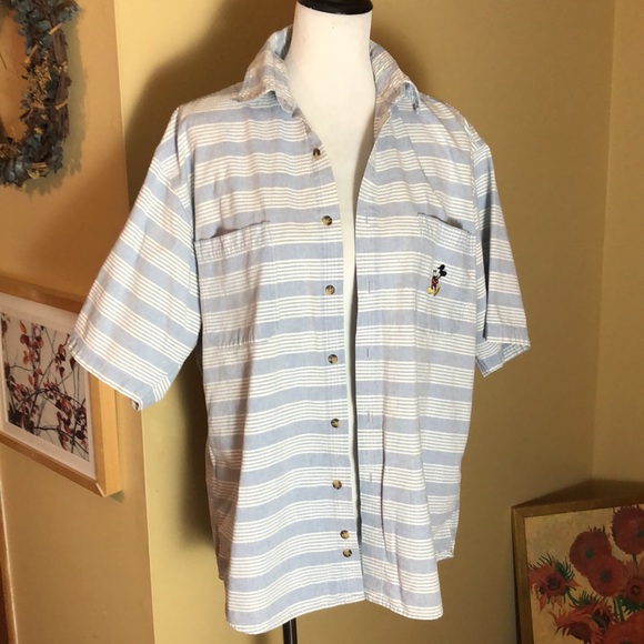 Vintage WALT DISNEY sz Medium Buttonfront Stripe Embroidered Mickey Mouse Cotton - Picture 3 of 16
